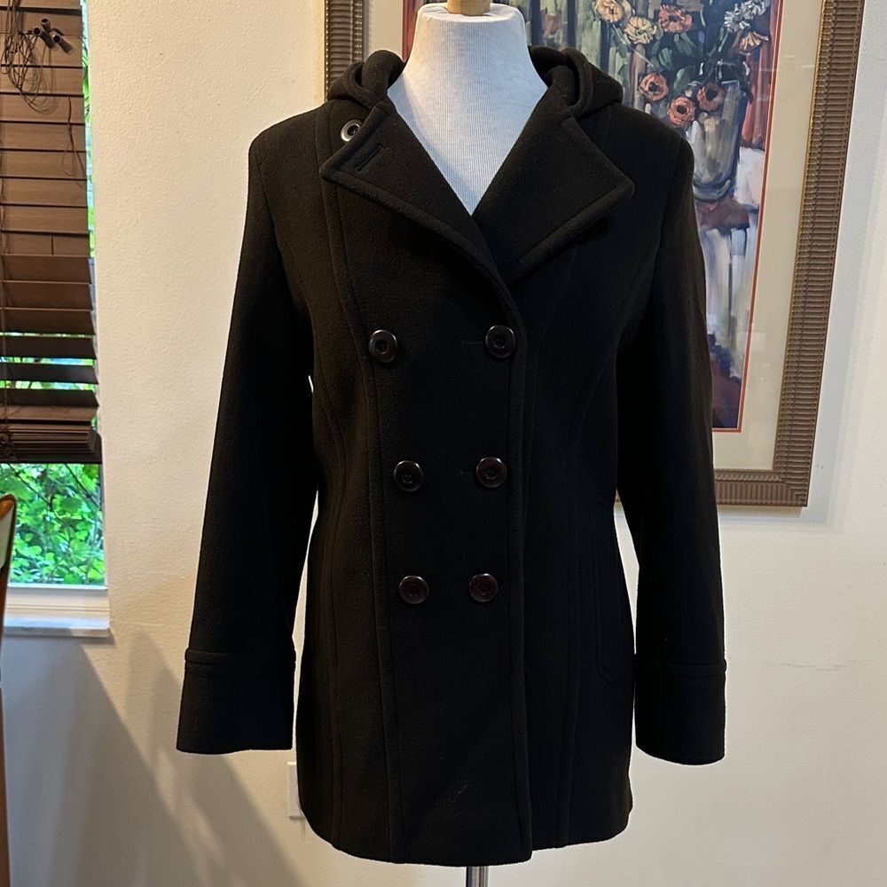 Preston & York Coat Women's Dark Brown  Double-Breasted Hooded Wool Size 6